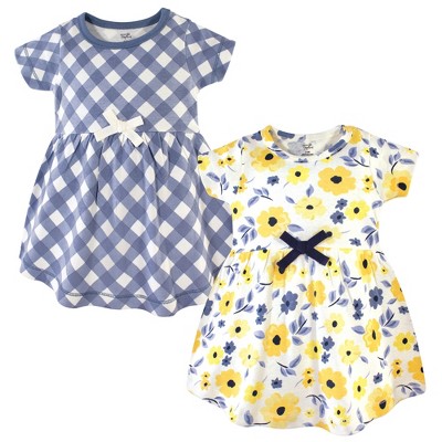 Image of Touched by Nature Baby and Toddler Girl Organic Cotton Short-Sleeve Dresses 2pk, Yellow Garden, 3-6 Months