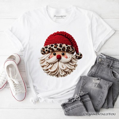 Santa Leopard Hat Christmas T-Shirt, Imitation Latch Hook Yarn Cozy Tee | OrnamentallyYou