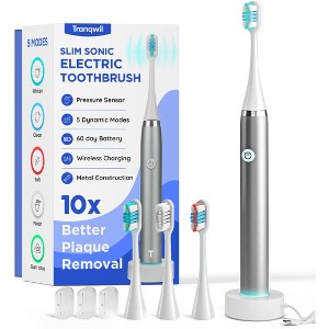 Tranqwil Slimsonic Rechargeable Electric Toothbrush - 60 Day Charge, 5 Modes, 2 Min Built-in Smart Timer (Silver Metal) - 1 of 4