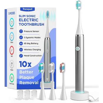Tranqwil Slimsonic Rechargeable Electric Toothbrush - 60 Day Charge, 5 Modes, 2 Min Built-in Smart Timer (Silver Metal)