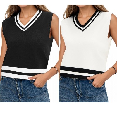 ATHLECHIC Women's Summer Knit Color Block Sleeveless V Neck Loose Fit Preppy Trendy Tank Tops 2 Packs