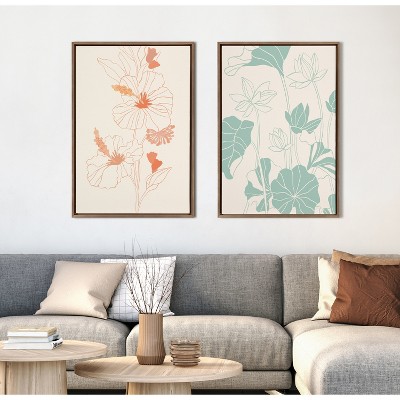 Large Green and Beige Lotus Garden Canvas Print with Polystyrene Frame