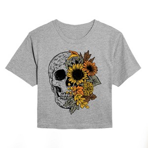Women's - Instant Message - Skull With Fall Foliage Cropped Graphic T-Shirt - 1 of 4