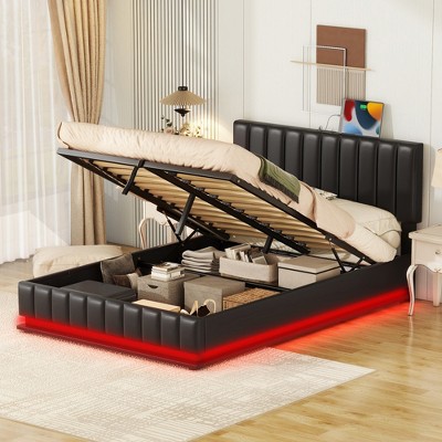Lift Up Storage Bed Frame with Charging Station & Led Lights, Upholstered Platform Bed with Headboard, Hydraulic Lift System