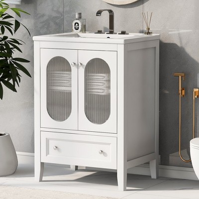 Whisen 24" Bathroom Vanity with Sink, Bathroom Vanity Cabinet with Double Fluted Doors, Drawer and Adjustable Shelf - White