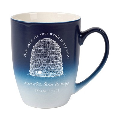 How Sweet Are Your Words To My Taste Sweeter Than Honey Two Toned Ombre Matte Navy Blue and White 12 ounce Ceramic Stoneware Coffee Cup Mug