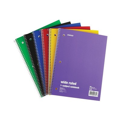 Staples 1 Subject Notebook 8" x 10.5" Wide Ruled 70 Sheets Assorted 6/PK TR11667M