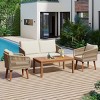 4-Piece Woven Rope Patio Conversation Set, Outdoor Garden Sofa with Solid Wood Loveseat, 2 Chairs and Table – Maison Boucle - 2 of 4