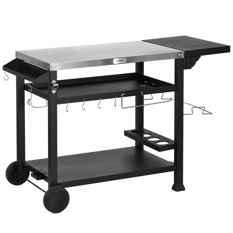 Outsunny Three-Shelf Outdoor Grill Cart with Foldable Side Table, 46" x 21.75" Stainless Steel Pizza Oven Stand, Movable Food Prep Table on Wheels, 1 of 7
