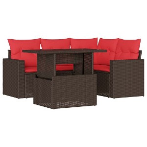 vidaXL Patio Sofa Set with Cushions and Table Outdoor 5 Piece Poly Rattan - Brown without storage - 1 of 4