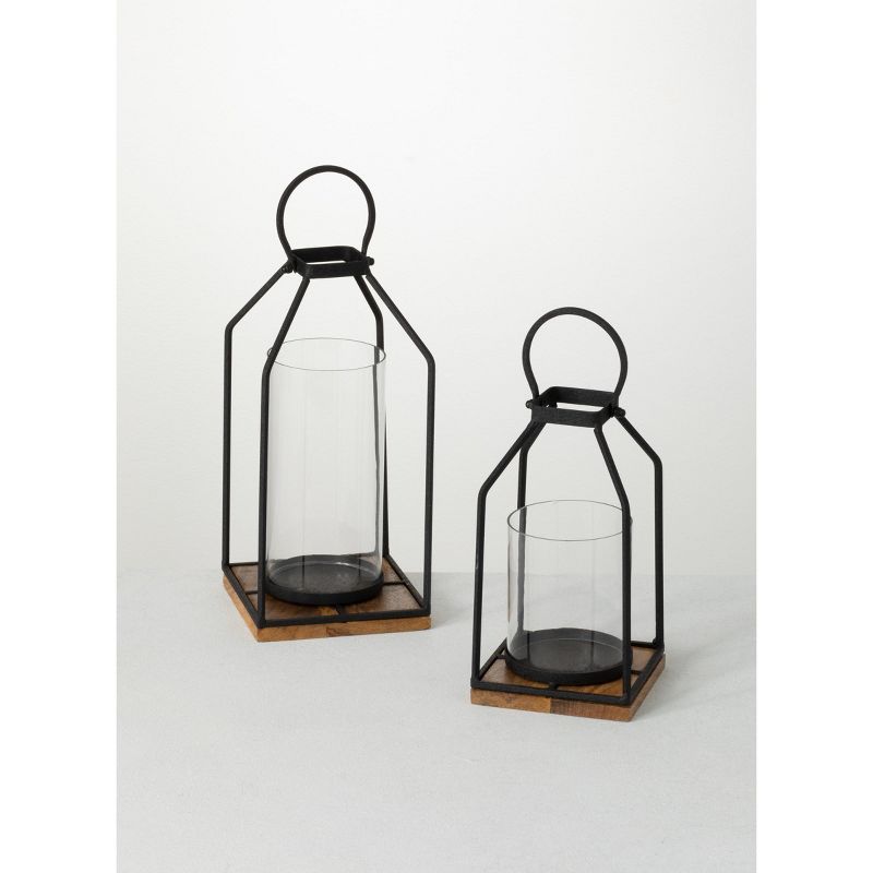 Sullivans Set Of 2 Lantern Iron & Glass Candle Holders 12.75"H & 13.5"H Black, 1 of 5