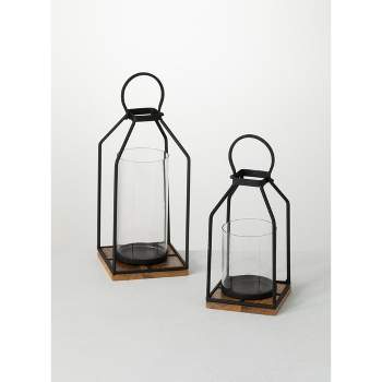 Sullivans Set Of 2 Lantern Iron & Glass Candle Holders 12.75"H & 13.5"H Black