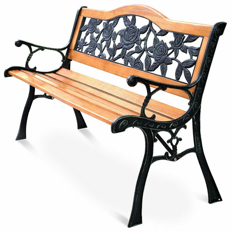 Patio Park Garden Metal Bench Porch Path Chair Furniture Cast Iron Hardwood, 1 of 11