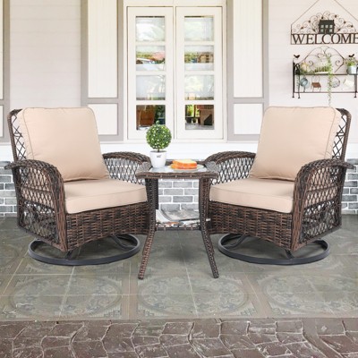 KTMBDW 3 Pieces Rocking Bistro Set Conversation Chairs PE Wicker Outdoor Rocking Chairs & Glass Table,for Porch Lawn Garden Backyard Deck, Brown