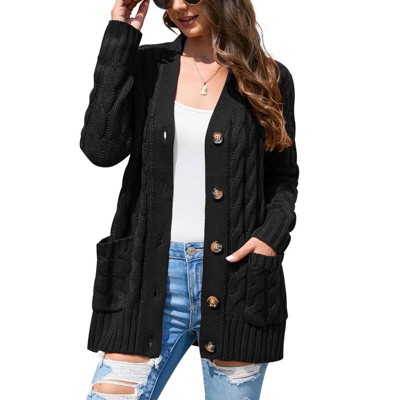 Women's Open Front Cardigan Sweater with Pockets Long Sleeve Cable Knit Button Loose Cardigan Sweater Outwear