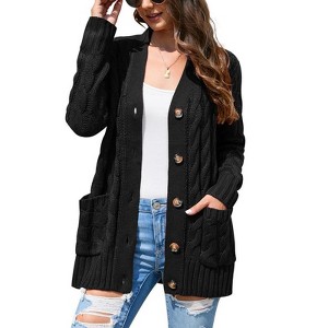 Women's Open Front Cardigan Sweater with Pockets Long Sleeve Cable Knit Button Loose Cardigan Sweater Outwear - 1 of 4