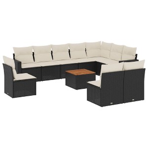 vidaXL 11 Piece Patio Sofa Set with Cushions Black Poly Rattan - Black and Cream - 1 of 4