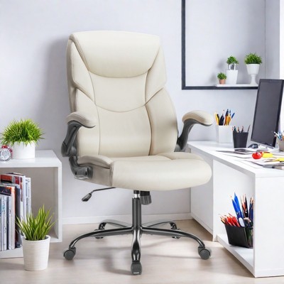 FURNIinspire Task And Office Chairs Pu Leather Office Chair With Lumbar Support, Strong Metal Base, Flip-Up Armrest, White, 26"*30"*48"