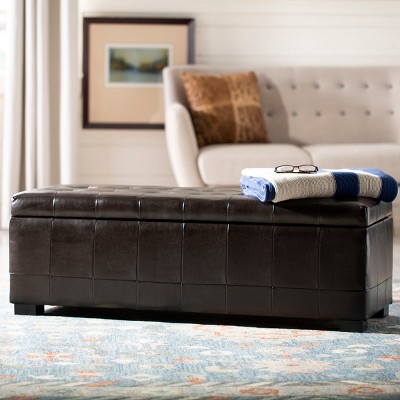 Large Brown Leather Storage Bench with Button Tufts