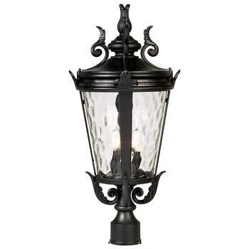 John Timberland Casa Marseille Vintage Outdoor Post Light Textured Black Scroll 25" Clear Hammered Glass for Exterior Barn Deck House Porch Yard Home