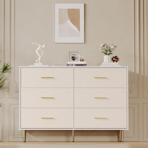 Garvee Modern White 6-Drawer Dresser with Linen-Textured Fronts, Gold Handles, Adjustable Feet Lacquered Engineered Wood,White - 1 of 4