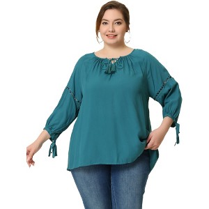 Agnes Orinda Women's Plus Size Tie Tassel V Neck Hollow Bowknot Long Sleeve Casual Blouses - 1 of 4