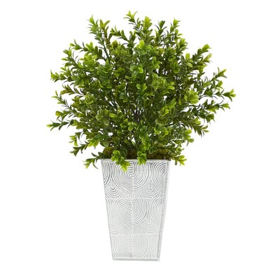 Nearly Natural 19" Indoor/Outdoor Boxwood Artificial Plant in Embossed Planter White