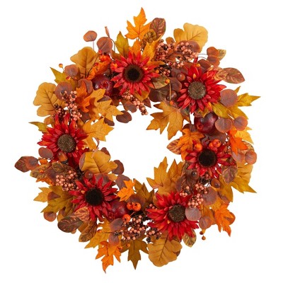 Nearly Natural 30” Fall Acorn, Sunflower, Berries and Autumn Foliage Artificial Wreath