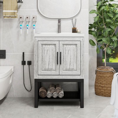 Bathroom Storage Cabinets With 2 Storage Doors, Bathroom Storage Cabinets Floor Standing With Ceramic Sink & Hot And Cold Faucet-Cuddlewood