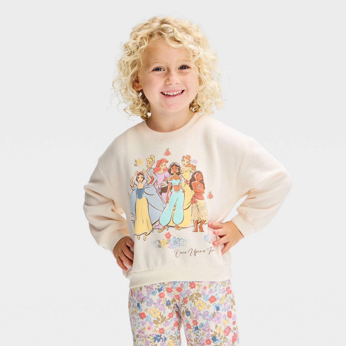 Toddler Girls' 2pc Disney Princess Floral Fleece Sweatshirt and Pants Set - Ivory/Mauve Sage - thumbnail 3