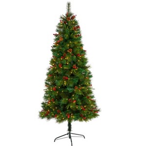 Nearly Natural 7-ft Mixed Pine Artificial Christmas Tree with 350 Clear LED Lights, Pine Cones and Berries - 1 of 4