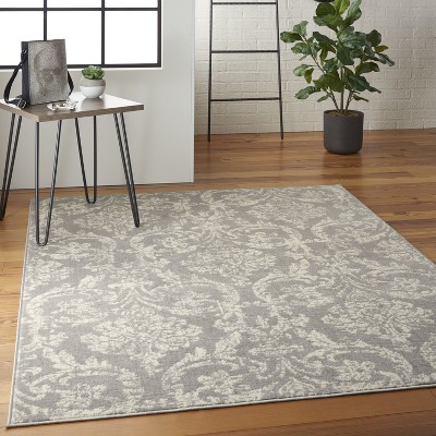 Gray and Ivory Damask 5'3" x 7'3" Synthetic Area Rug