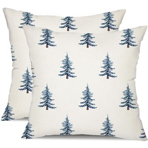 Christmas Pillow Covers 18x18 inch Set of 2 Winter Blue Christmas Tree Decorative White Throw Pillow Covers - 1 of 4