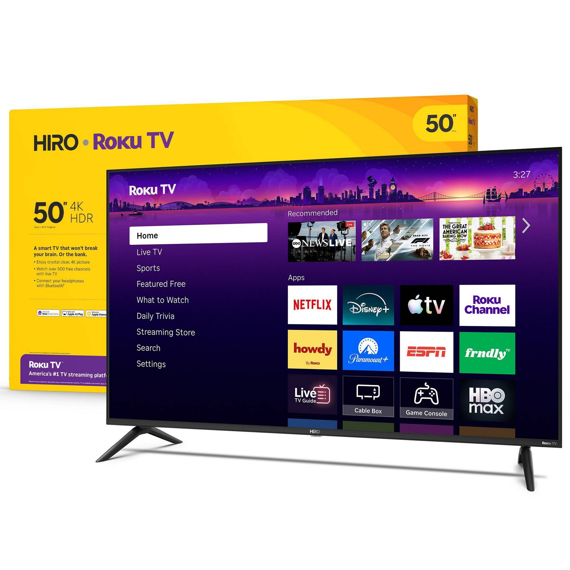 Hiro 4K HDR Smart TV Flat Screen LED Television with Roku TV and Dolby Audio Streaming