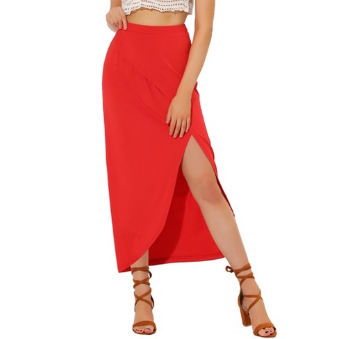 Allegra K Women's Skirt Split Ruched High Waist Summer Beach Maxi Skirts  Red X-Large