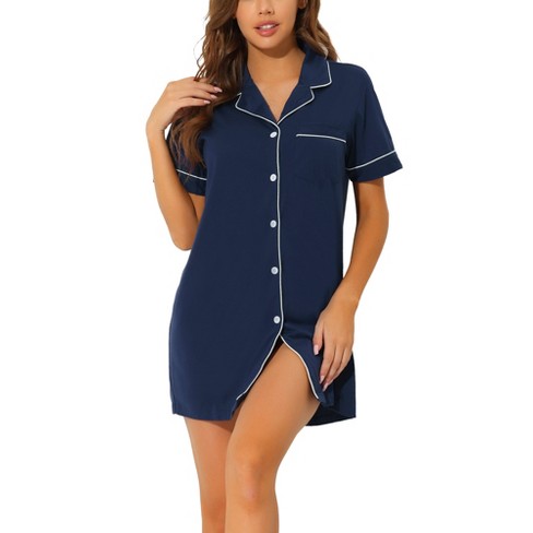 cheibear Women's Notched Collar Button Down Pajama Shirt Dress Nightgowns  Blue Small
