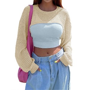 Coolmee Women's Crochet Crop Sweater Long Sleeve Crewneck Fairy Grunge Knit Sweater Tops - 1 of 4