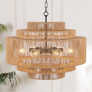 LamQee Farmhouse Rattan Chandeliers, 5-Tier Boho Chandelier Light Fixture Black with V-Shaped Hand Woven Wicker Shade - 1 of 4