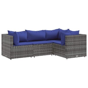 vidaXL Patio Lounge Set with Cushions Sectional Sofa Garden Backyard Poly Rattan - Gray and Blue 3x Corner + Middle - 1 of 4