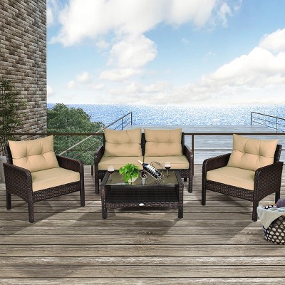 Costway 4PCS Patio Rattan Furniture Set Loveseat Sofa Coffee Table Garden W/ Cushion