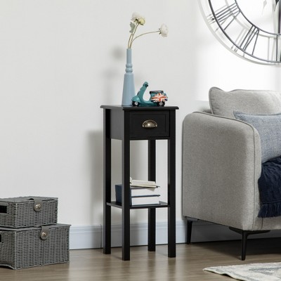 Black Rectangular Wood End Table with Drawer and Shelf