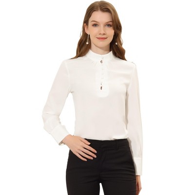 INSPIRE CHIC Women's Elegant Stand Collar Button Up Long Sleeve Office Work Blouse Top Shirts