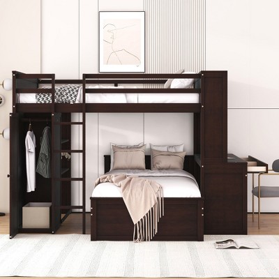 VYNXARIA Full size Loft Bed with a twin size Stand-alone bed, Shelves,Desk,and Wardrobe£¬Espresso