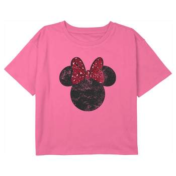 Girl's Mickey & Friends Minnie Mouse Distressed Red Leopard Bow Crop T-Shirt