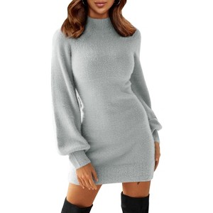 EXLURA Women's Mock Neck Ribbed Long Sleeve Bodycon Pullover Cute Mini Sweater Dress - 1 of 4