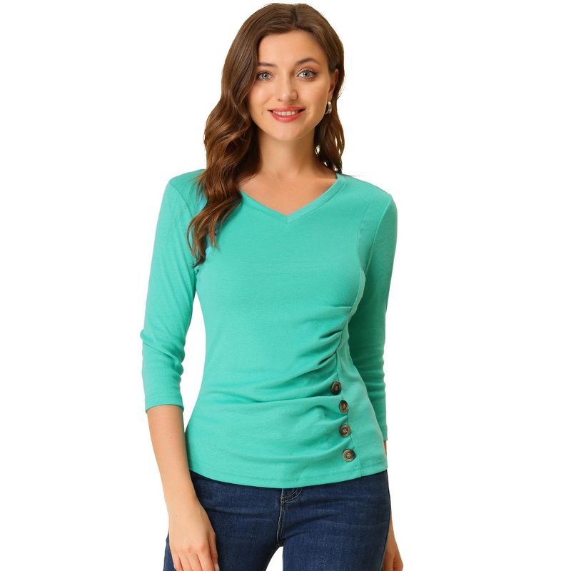 Allegra K Women's V Neck 3/4 Sleeves Solid Knitted Buttons Decor Ruched Blouse, 1 of 7