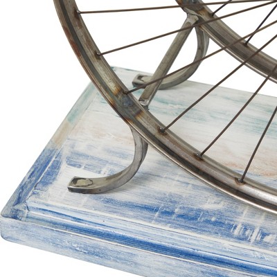 Rustic Blue Bike Console Table with Slatted Wood Top and Metal Frame