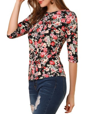 INSPIRE CHIC Women's Elbow Sleeves Boat Slim Fit Casual Stripe Animal Print Multi Floral Pattern T-Shirt