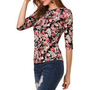INSPIRE CHIC Women's Elbow Sleeves Boat Slim Fit Casual Stripe Animal Print Multi Floral Pattern T-Shirt - 1 of 4