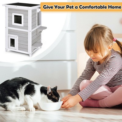 Gray and White 2-Story Wooden Outdoor Cat House with Escape Door